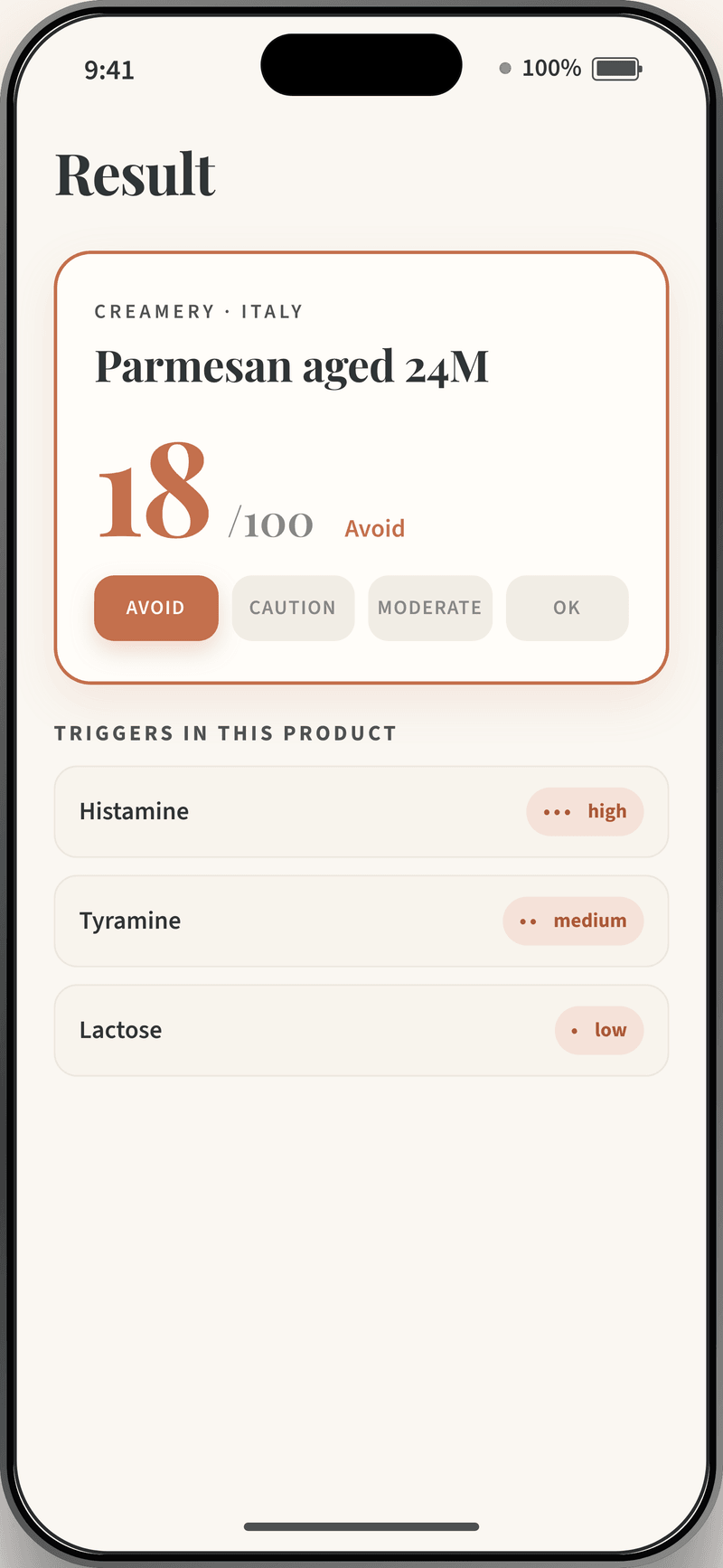 Profile B: Parmesan scan, score 18 out of 100, triggers histamine (high), tyramine (medium), lactose (low)